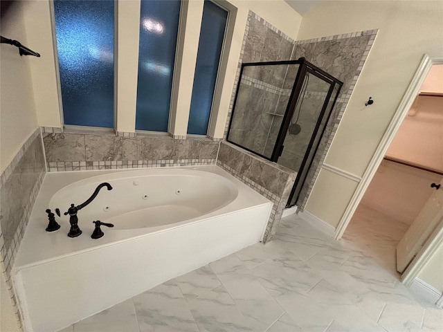 17427 Marigold Dr, Sugar Land, TX 77479 - full bath with a shower stall, a jetted tub, marble finish flooring, and a spacious closet