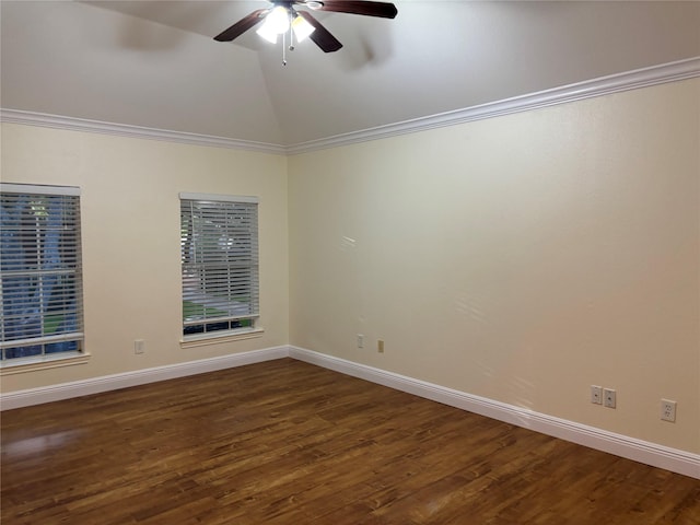 17427 Marigold Dr, Sugar Land, TX 77479 - spare room with ceiling fan, dark wood-type flooring, vaulted ceiling, and ornamental molding