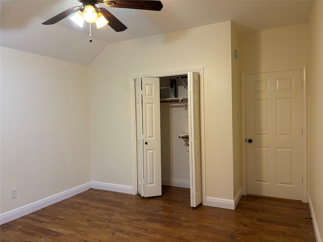 17427 Marigold Dr, Sugar Land, TX 77479 - unfurnished bedroom with dark wood finished floors, lofted ceiling, a closet, and a ceiling fan