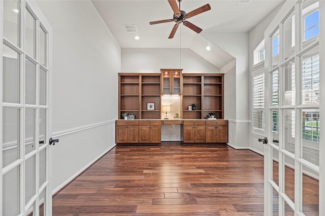 3102 Hillside Landing Trl, Katy, TX 77494 - unfurnished office featuring built in study area, french doors, dark wood-type flooring, ceiling fan, and high vaulted ceiling