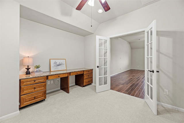 3102 Hillside Landing Trl, Katy, TX 77494 - unfurnished office with french doors, lofted ceiling, a ceiling fan, light carpet, and recessed lighting