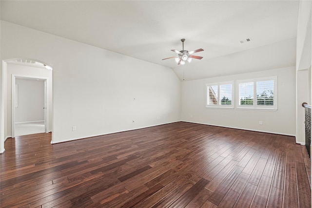 3102 Hillside Landing Trl, Katy, TX 77494 - spare room featuring dark wood-style flooring, ceiling fan, and lofted ceiling