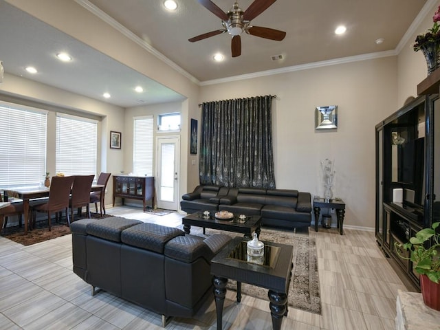 6127 Rosehill Harvest Loop, Katy, TX 77493 - living area with ceiling fan, recessed lighting, and ornamental molding