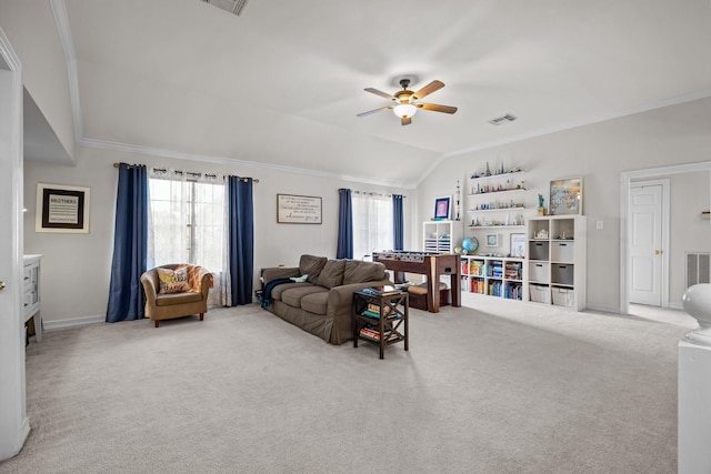 2413 Sawgrass Ct, League City, TX 77573 - living room featuring ornamental molding, ceiling fan, carpet flooring, and vaulted ceiling