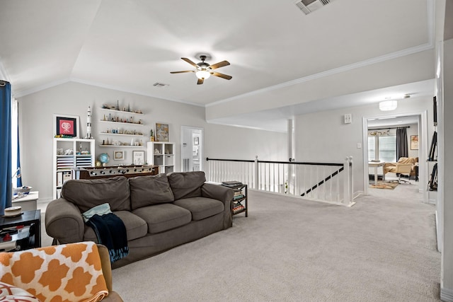 2413 Sawgrass Ct, League City, TX 77573 - living room featuring ceiling fan, carpet floors, and crown molding