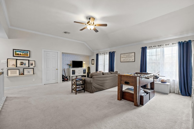 2413 Sawgrass Ct, League City, TX 77573 - living area with crown molding, a ceiling fan, carpet, and lofted ceiling