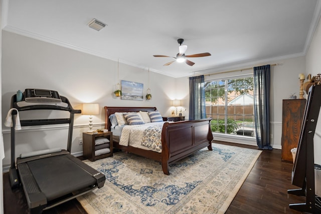 2413 Sawgrass Ct, League City, TX 77573 - bedroom featuring wood finished floors, ornamental molding, and a ceiling fan