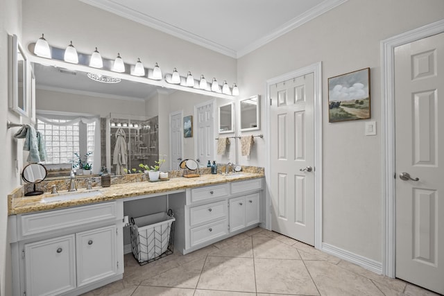 2413 Sawgrass Ct, League City, TX 77573 - full bathroom with double vanity, a shower stall, crown molding, and tile patterned floors