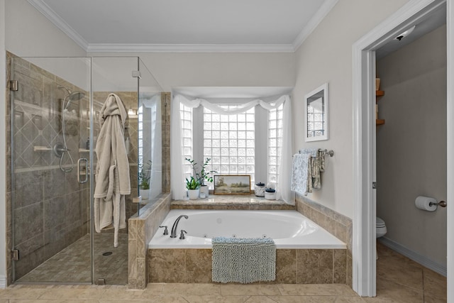 2413 Sawgrass Ct, League City, TX 77573 - bathroom featuring a tub with jets, a shower stall, crown molding, and tile patterned flooring
