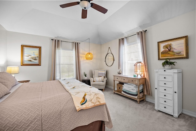 2413 Sawgrass Ct, League City, TX 77573 - bedroom with light colored carpet, lofted ceiling, and a ceiling fan