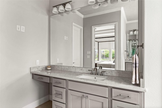 13819 Windward Harbor Ct, Houston, TX 77059 - bathroom featuring crown molding and vanity
