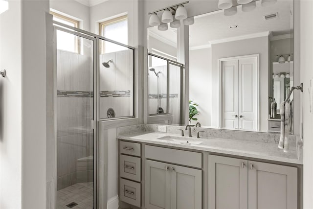 13819 Windward Harbor Ct, Houston, TX 77059 - bathroom featuring crown molding, a stall shower, and vanity