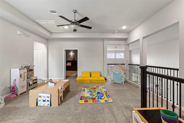 13819 Windward Harbor Ct, Houston, TX 77059 - rec room with a ceiling fan, carpet floors, attic access, and recessed lighting