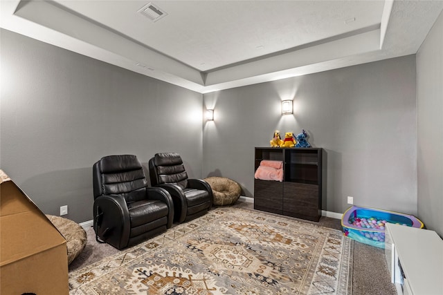 13819 Windward Harbor Ct, Houston, TX 77059 - carpeted home theater room featuring a tray ceiling