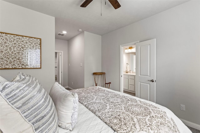 13819 Windward Harbor Ct, Houston, TX 77059 - bedroom featuring carpet floors, connected bathroom, recessed lighting, and ceiling fan