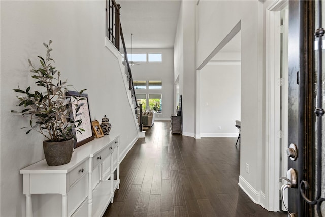 13819 Windward Harbor Ct, Houston, TX 77059 - entrance foyer featuring dark wood-style flooring and a towering ceiling