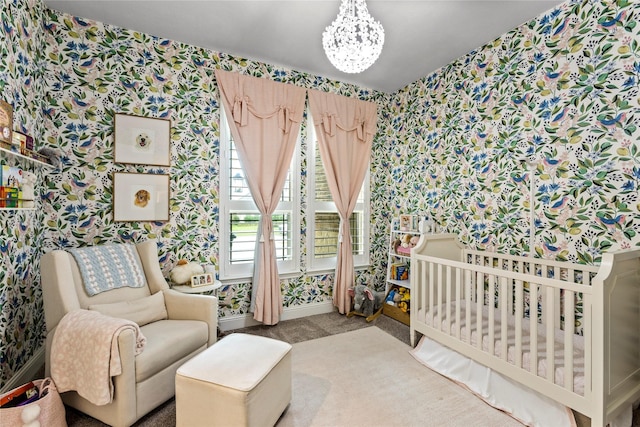 13819 Windward Harbor Ct, Houston, TX 77059 - bedroom featuring wallpapered walls, a nursery area, a chandelier, and carpet floors