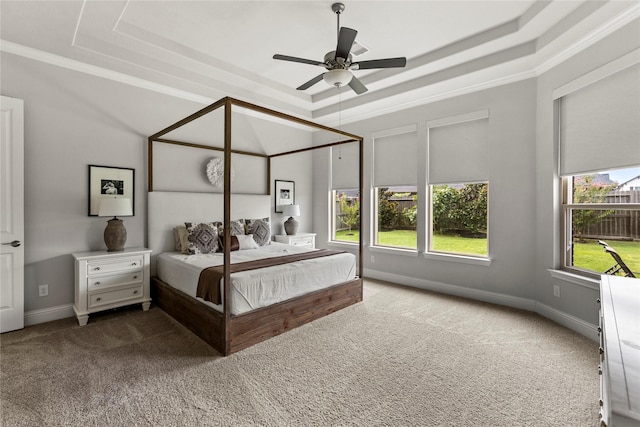 13819 Windward Harbor Ct, Houston, TX 77059 - bedroom with a tray ceiling, carpet, a ceiling fan, and ornamental molding