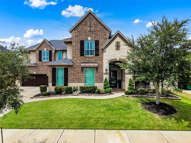 13819 Windward Harbor Ct, Houston, TX 77059 - view of front facade featuring a front yard, stone siding, driveway, and a garage