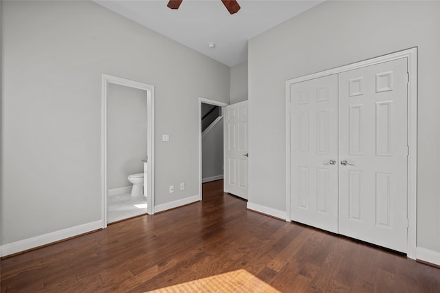 2338 Bastrop St, Houston, TX 77004 - unfurnished bedroom with a closet, wood finished floors, connected bathroom, and a ceiling fan
