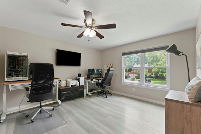 3715 Ember Spring Dr, Kingwood, TX 77339 - office space with light wood finished floors, a ceiling fan, and a textured ceiling