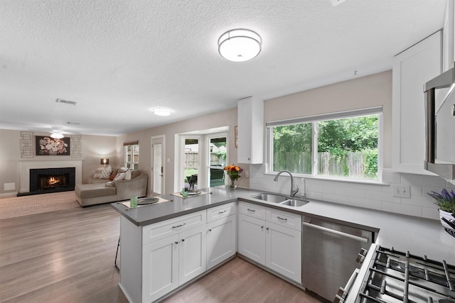 3715 Ember Spring Dr, Kingwood, TX 77339 - kitchen with white cabinets, a fireplace, light wood finished floors, dishwasher, and a textured ceiling