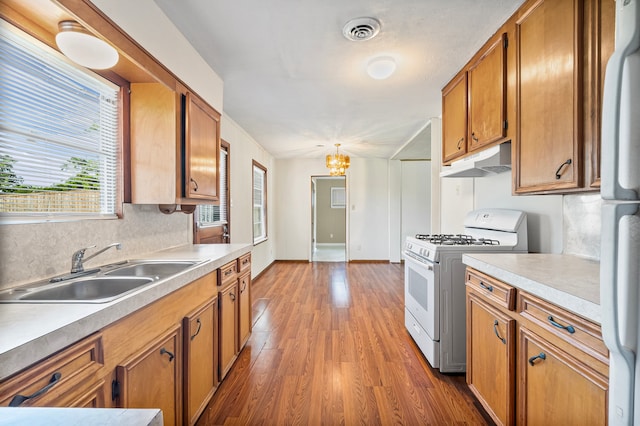 5532 Meadow Creek Ln, Houston, TX 77017 - kitchen with white appliances, under cabinet range hood, wood finished floors, light countertops, and brown cabinets
