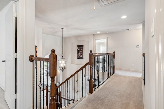 8411 Middle Canyon Rd, Katy, TX 77494 - hall featuring an upstairs landing, recessed lighting, carpet, attic access, and a chandelier