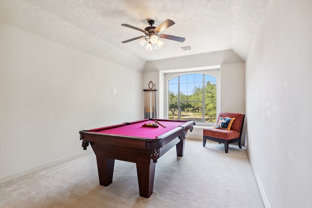8411 Middle Canyon Rd, Katy, TX 77494 - playroom with light colored carpet, billiards, a ceiling fan, and a textured ceiling