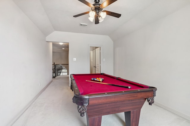 8411 Middle Canyon Rd, Katy, TX 77494 - game room with light colored carpet, ceiling fan, pool table, and vaulted ceiling