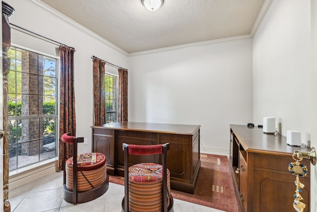 8411 Middle Canyon Rd, Katy, TX 77494 - office area featuring crown molding, tile patterned floors, and a textured ceiling
