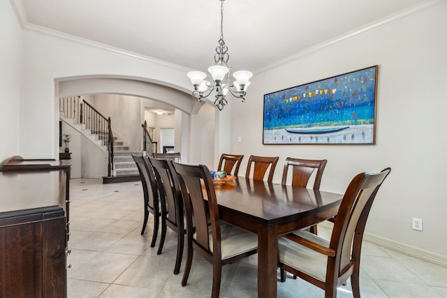 8411 Middle Canyon Rd, Katy, TX 77494 - dining room featuring ornamental molding, arched walkways, a chandelier, light tile patterned flooring, and stairway
