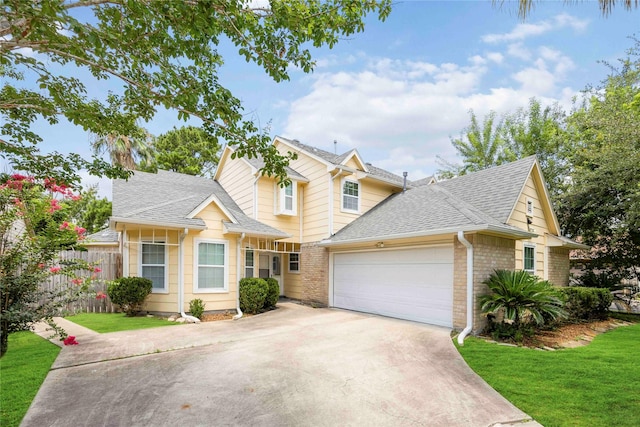 11510 Pagoda Dr, Houston, TX 77477 - view of front of property featuring concrete driveway, a garage, roof with shingles, and brick siding