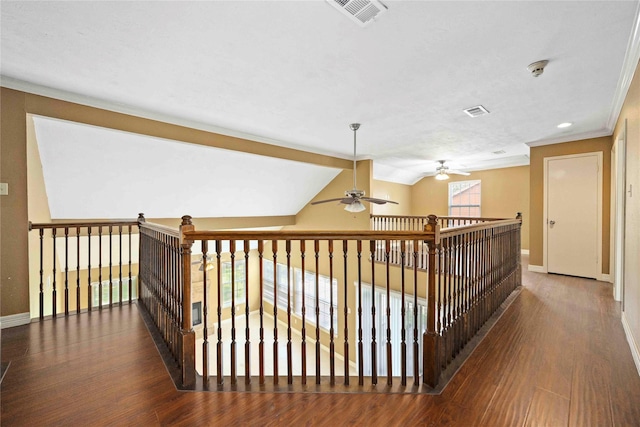 11510 Pagoda Dr, Houston, TX 77477 - hallway featuring wood finished floors, lofted ceiling, crown molding, and recessed lighting