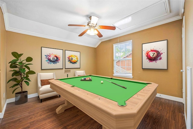 11510 Pagoda Dr, Houston, TX 77477 - game room featuring ornamental molding, dark wood finished floors, attic access, ceiling fan, and pool table