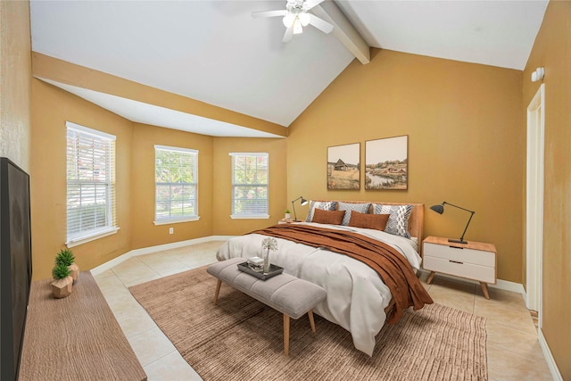 11510 Pagoda Dr, Houston, TX 77477 - bedroom with light tile patterned floors, beam ceiling, a ceiling fan, and high vaulted ceiling