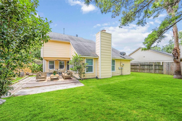 11510 Pagoda Dr, Houston, TX 77477 - rear view of house featuring outdoor lounge area, a wooden deck, roof with shingles, and a chimney