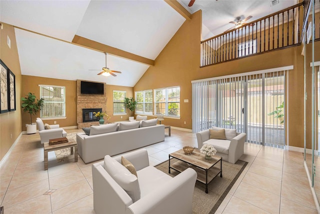 11510 Pagoda Dr, Houston, TX 77477 - living area with ceiling fan, high vaulted ceiling, light tile patterned flooring, and a large fireplace