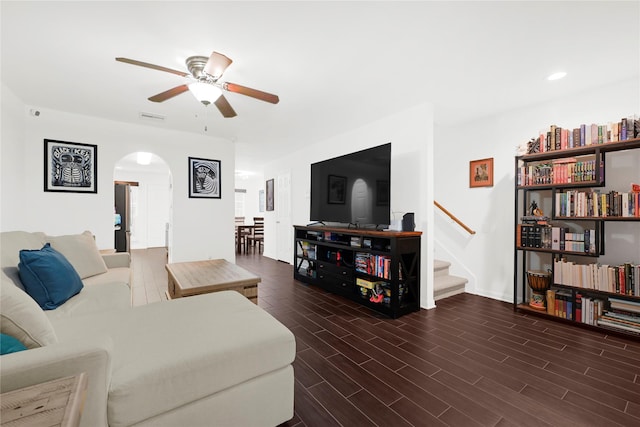 1860 White Oak Dr Unit 251, Houston, TX 77009 - living room with a ceiling fan, arched walkways, stairs, wood finished floors, and recessed lighting