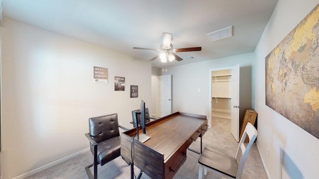 2118 Sanders Brook Dr, Baytown, TX 77521 - home office featuring a ceiling fan and carpet floors