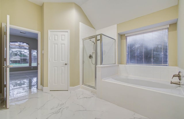 18327 Bluewater Cove Dr, Humble, TX 77346 - full bathroom with a bath, a shower stall, marble tiled floors, and lofted ceiling
