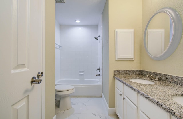 18327 Bluewater Cove Dr, Humble, TX 77346 - full bathroom featuring double vanity, marble finish floors, and shower / washtub combination
