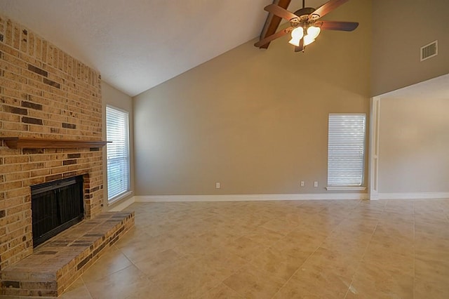 2903 Valley Rose Dr, Kingwood, TX 77339 - unfurnished living room featuring high vaulted ceiling, a brick fireplace, a ceiling fan, and light tile patterned floors