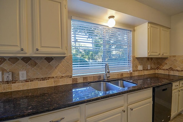 2903 Valley Rose Dr, Kingwood, TX 77339 - kitchen featuring dishwasher, dark stone countertops, and white cabinetry