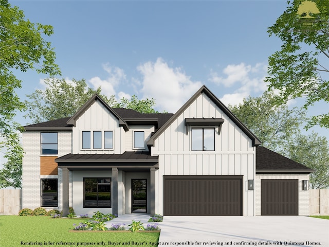 1749 Parana Dr, Houston, TX 77080 - modern farmhouse style home featuring concrete driveway, board and batten siding, a standing seam roof, a shingled roof, and brick siding