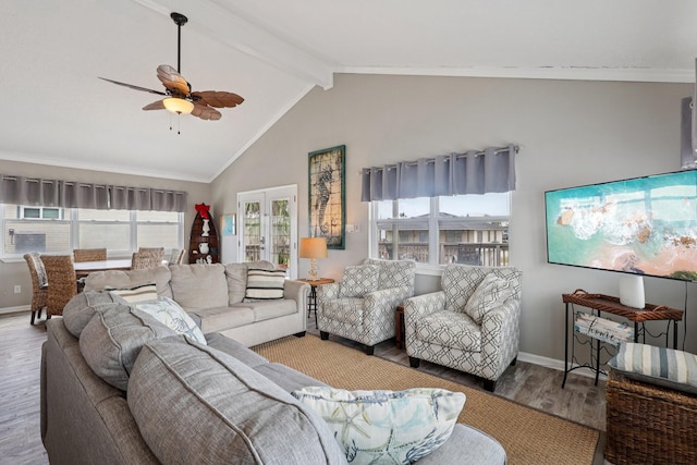 4004 Ector Dr, Galveston, TX 77554 - living area featuring wood finished floors, a ceiling fan, beamed ceiling, and high vaulted ceiling