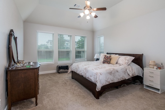 21207 Bradford Grove Dr, Spring, TX 77379 - bedroom with light colored carpet, vaulted ceiling, and ceiling fan