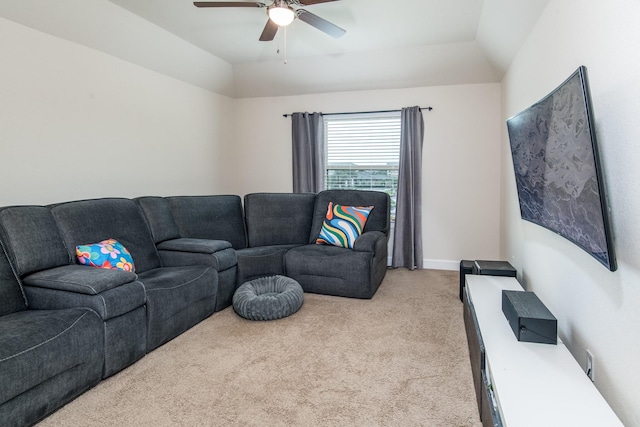 21207 Bradford Grove Dr, Spring, TX 77379 - carpeted living room with ceiling fan and vaulted ceiling