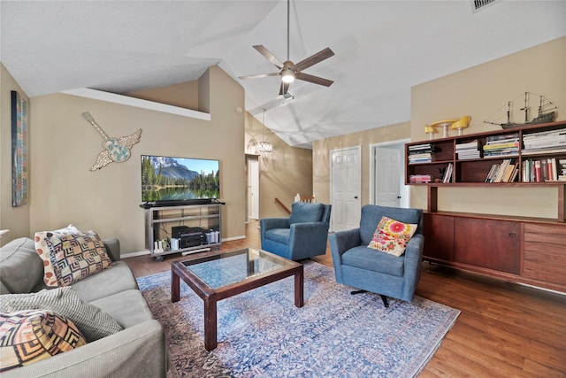 7615 Sandygate Ln, Houston, TX 77095 - living room featuring wood finished floors, ceiling fan, and high vaulted ceiling