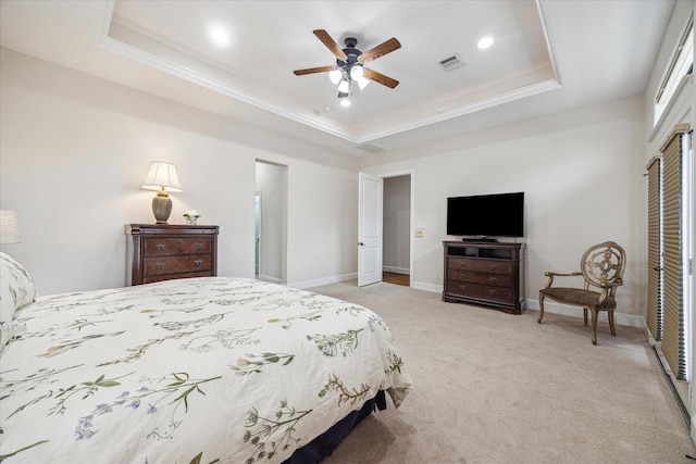 961 Queen Annes Rd, Houston, TX 77024 - bedroom with a raised ceiling, light colored carpet, ornamental molding, recessed lighting, and a ceiling fan